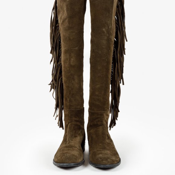Stuart Weitzman 5050 Mane Fringe Olive Suede Leather OTK Boots - Picture 2 of 11